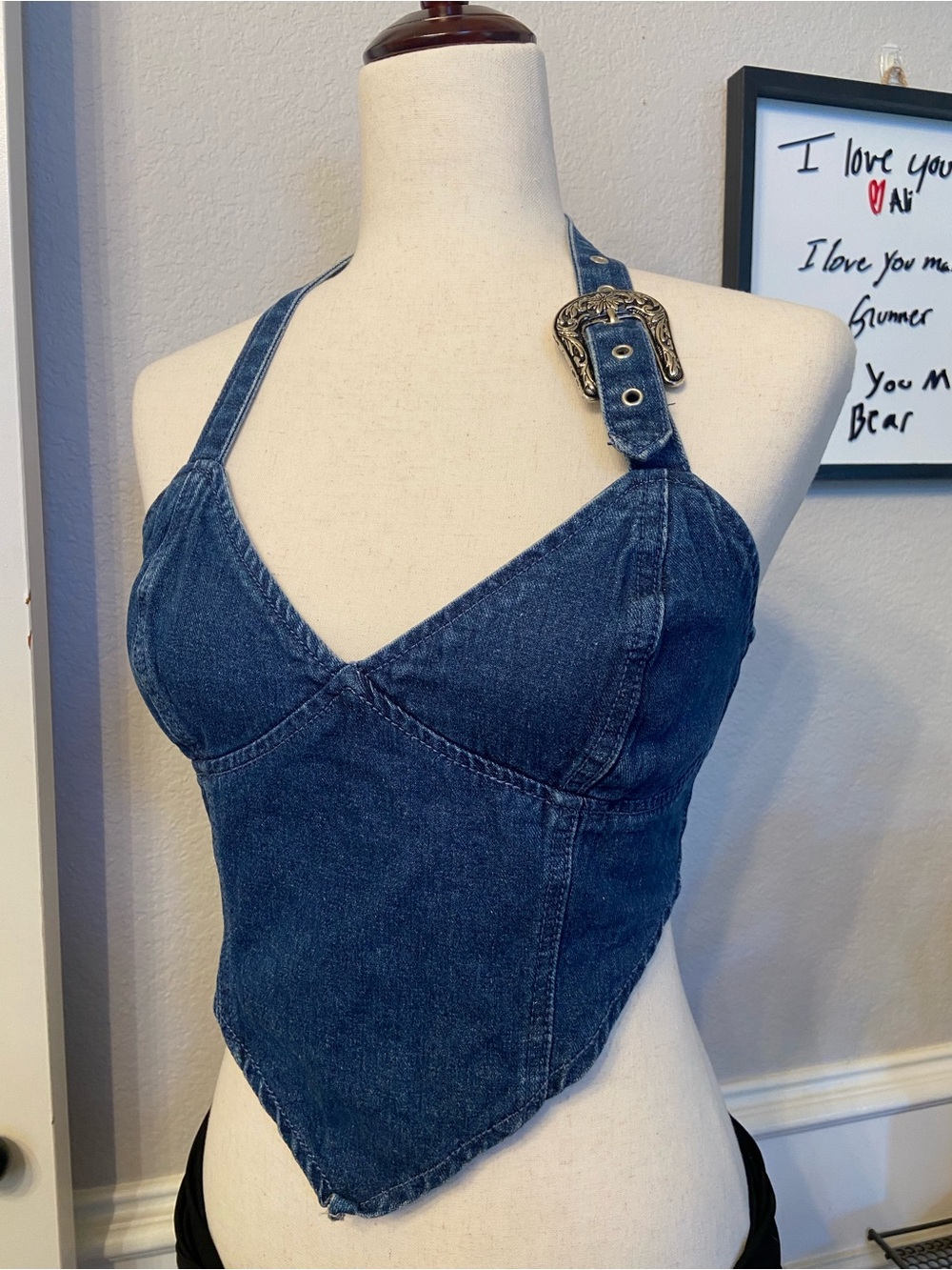 PrettyLittleThing Blue Denim Halter Top with Buckle Strap size 4